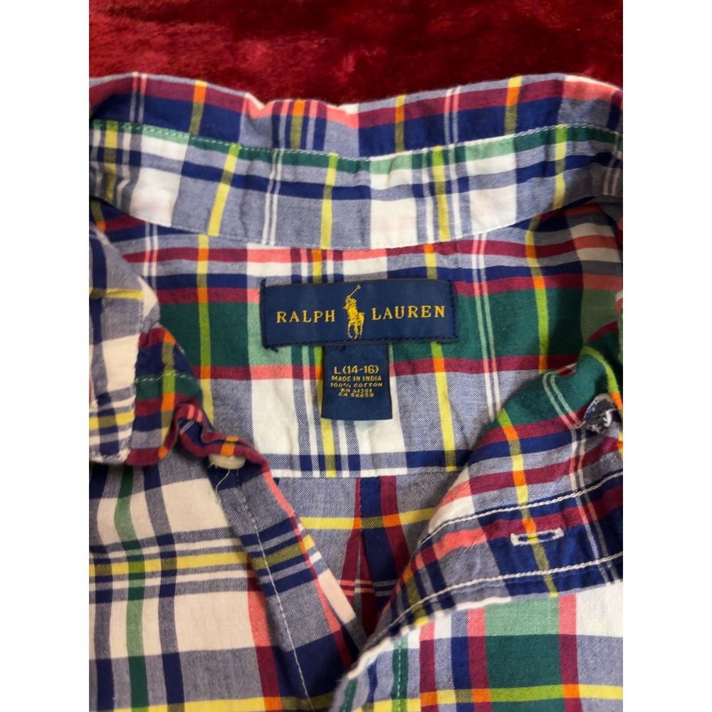 Ralph Lauren Boys Plaid Button Down Shirt Short Sleeve Multi Color Size L 14-16